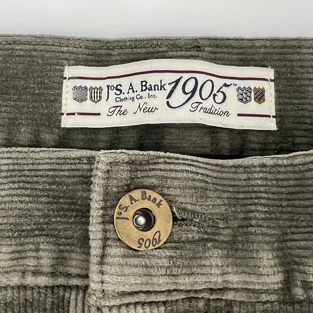 Jos A Bank Corduroy Pants Mens 35 x 32 Flat Front Straight Leg Khaki Green